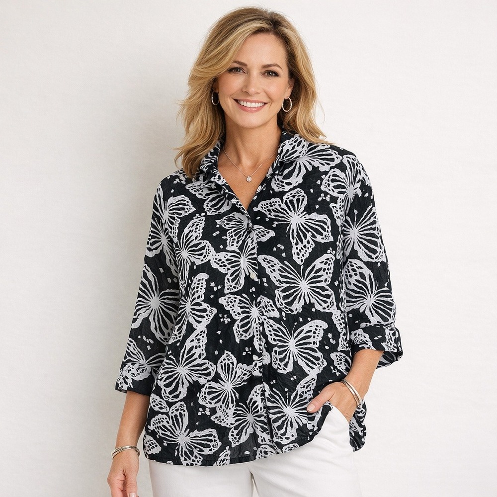 Cathy Daniels Butterfly Blouse Women‎ 1X Black White Crinkle 3/4 Sleeve